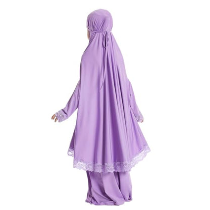 Kids Girls Abaya Muslim Full Cover Lace Hijab Dress Kaftan Dubai Islamic Prayer Dress, 2pcs Set - color: Purple, size: 4-5T