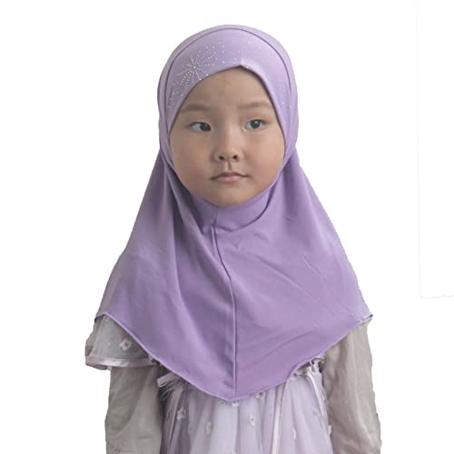 Girls Kids Muslim Hijab Islamic Scarf, Shawl with Rhinestone, Ready-to-Wear Daily Scarf for Ages 3-8 - color: Lavender
