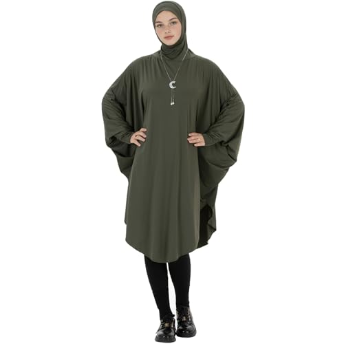 Muslim Abaya Dress for Women Highly Stretchy Batwing Hooded Prayer Hijab - color: Army Green, size: Medium