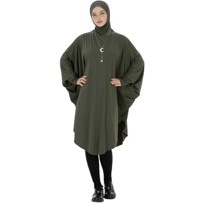 Muslim Abaya Dress for Women Highly Stretchy Batwing Hooded Prayer Hijab - color: Army Green, size: X-Large