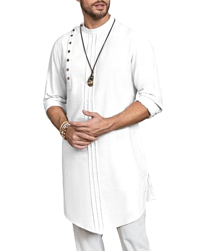 Gafeng Mens Kaftan Thobe Long Sleeve Robe Gown Casual Cotton Linen Button Muslim Shirt - color: White-, size: Large