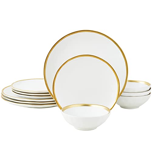 Pokini White Luxury Plates and Bowls Sets, 12 Piece Porcelain Dinnerware Sets Service for 4, Modern Dinner Plates Set, Gold Rim Dish Set for Wedding Anniversary Birthday - color: White