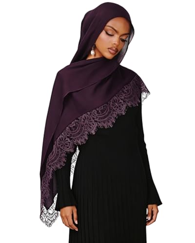 JUMISEE Elegant Floral Lace Hijab Scarf for Women Soft Cotton Head Wrap Instant Hijab Long Scarves Evening Dress Shawl - color: Purple