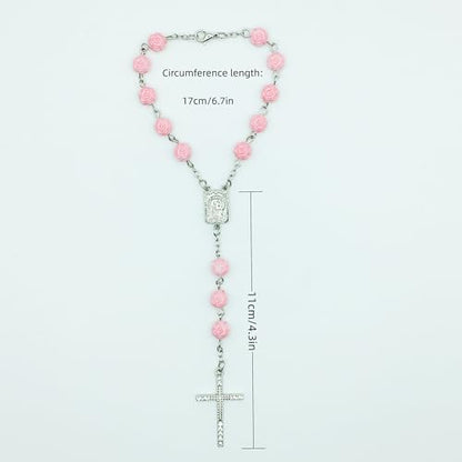 Pink Catholic Car Rosary – 2PCS Hanging Rosary with Rose Beads and Sparkling Rhinestone Cross for Rearview Mirror, Mini Religious Charm for Women, Cute Car Accessories