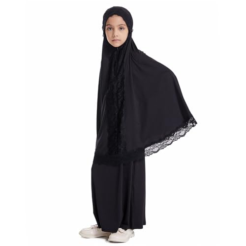 Girls Abaya Muslim Prayer Dress 2 Piece Maxi Sleeve Full Cover Lace Hijab Kaftan Tops Long Skirt Kids Soft Elastic - color: Black, size: 7-8 Years