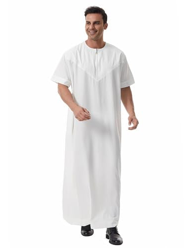 Muslim Men Abaya Short Sleeve Kaftan Islamic Arab Robe Men Dishdasha Zipper Robe Ethnic Clothes Dubai Travel Thobe - color: White, size: X-Large