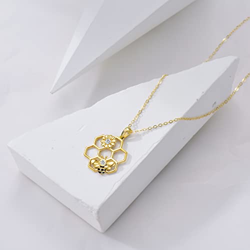 KECHO Gold Bee Necklace Gifts for Mom Women 14k Yellow Gold Honeycomb Honey Bee Pendant Necklaces Love Heart Jewelry Gifts for Women Her Wife - style: C Style-Bee Necklace