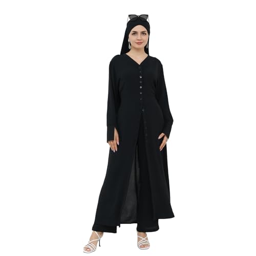 IDOPIP Muslim Women 2-Piece Set Long Sleeve Ramadan Islamic Abaya Dress Shirt with Pants Loose Fit Casual Dubai Prayer Outfit - color: Black, size: X-Small-Small