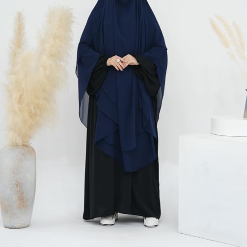 SYANKANGXIAO Ramadan Eid Khimar Abaya Turkey Islam Muslim Chiffon 2 Layers Long Hijab Dress Prayer for Women Full Cover Robe - color: Dark Blue