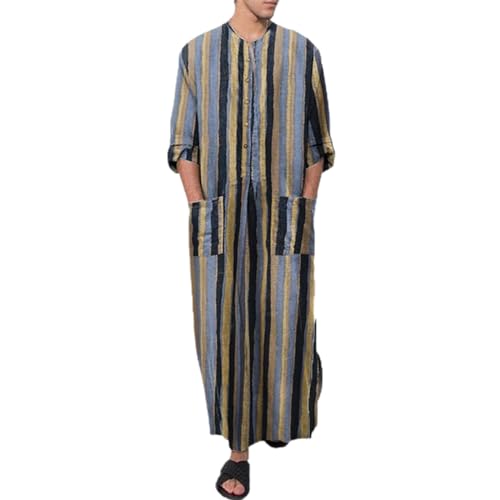 Lu's Chic Men's Kaftan Robe 3/4 Sleeve Long Gown Cotton House Coat Buttons Night Shirt Vintage Thobe Full Length with Pockets - color: Blue, size: Small