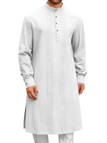 Runcati Mens Kaftan Robe Button Down Long Sleeve Cotton Linen Thobe Casual Muslim Gown Henley Shirt - color: White, size: Large