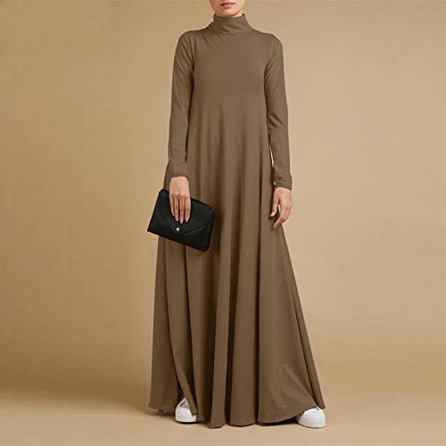 Xiaojmake Women Turtleneck Tunic Dresses Casual Long Sleeve Maxi Dress Long Sleeve Floore Length A Line Long Prayer Dress - color: Brown, size: Small