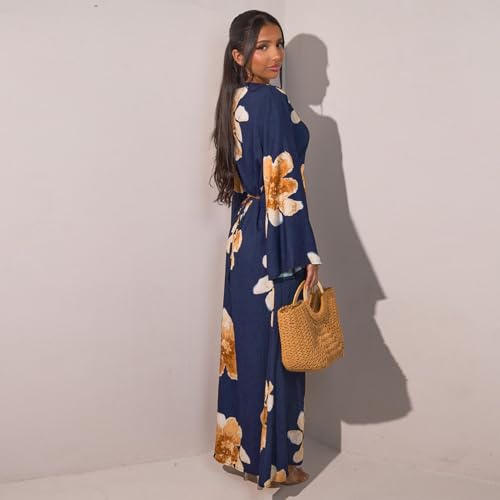 FYMNSI Womens Muslim Dresses Bell Sleeve Floral Butterfly Abaya Modest Dubai Kaftan Islamic Dress Eid Ramadan Prayer Clothes - color: Dark Blue, size: Medium