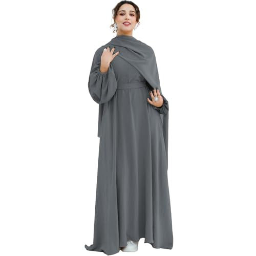 Muslim Women Abaya Dress Breathable Front Zipper&Pockets&Belt Prayer Robe - color: Dark Gray, size: Medium