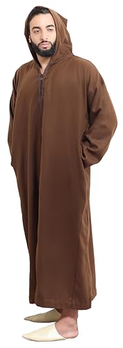 Moroccan Men Djellaba with Hood – Handmade Winter Jellaba Cotton Kaftan with Delicate Embroidery, Caftan Fits L–XL - color: Chocolote