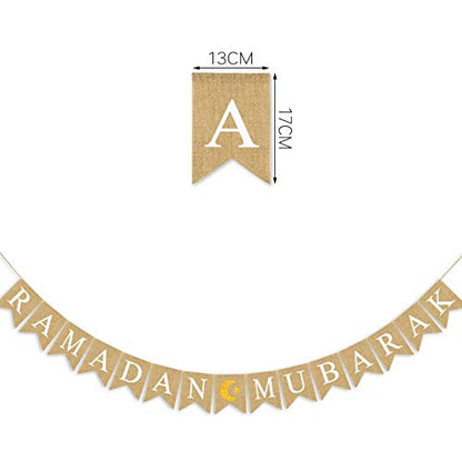 SWYOUN Burlap Ramadan Mubarak Banner Supplies With Glitter Moon and Star Signs Mantel Fireplace Decoration