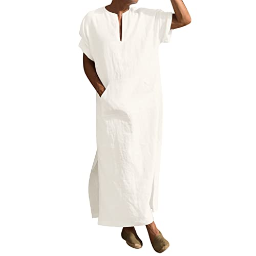 Mens Muslin Robe Full Length Long Sleeve Tops V Neck Kaftan Lightweight Pullover Thobe Comfy Nightshirts - color: A01 White, size: 3X-Large