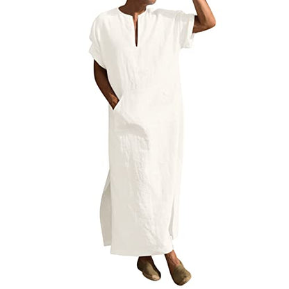 Mens Muslin Robe Full Length Long Sleeve Tops V Neck Kaftan Lightweight Pullover Thobe Comfy Nightshirts - color: A01 White, size: X-Large