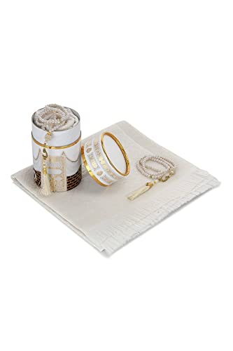 ihvan online Muslim Prayer Rug and Prayer Beads with Elegant Design Cylinder Gift Box, Janamaz, Soft Sajadah, Islamic Gifts Set, Portable Prayers Carpet Mat, Taffeta Fabric, White / Mod2 - color: White/Mod2