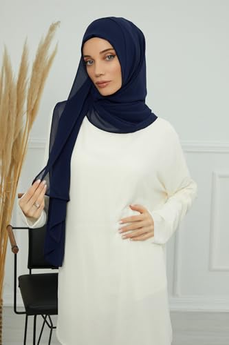 Aisha's Design Instant Chiffon Shawl for Women Modesty Turban Hijab Head Wrap Ready to Wear Women Headscarf - color: Navy Blue