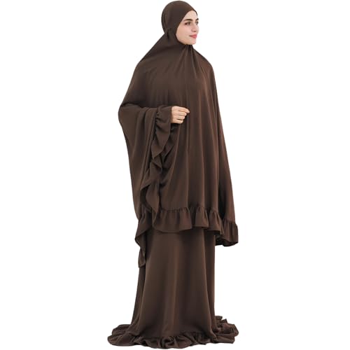 2PCS Abayas for Women Muslim Dress Ruffled Hem Modest Prayer Robe Full Coverage Modest Jilbab Set - color: Coffee, size: Medium