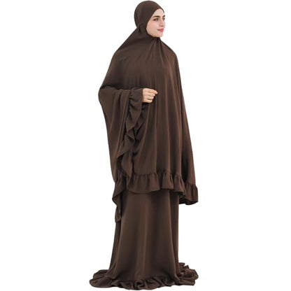 2PCS Abayas for Women Muslim Dress Ruffled Hem Modest Prayer Robe Full Coverage Modest Jilbab Set - color: Coffee, size: Large