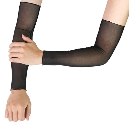 Luwint Long Sheer Arm Sleeves for Women, 2 Pairs Mesh Arm Cover Outfit Accessories (Black/Beige)