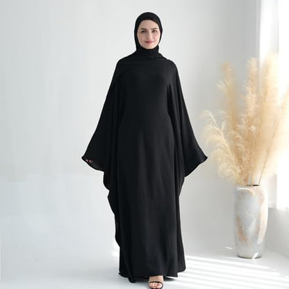 ODIZLI Abayas For Women Muslim Dubai Full Cover Kaftan Shirt Dress Batwing Sleeve Prayer Dress With Hijab - color: Black + Hijab, size: Two
