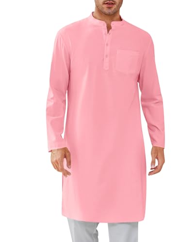 Gafeng Mens Kaftan Robe Button Down Long Sleeve Henley Cotton Thobe Casual Side Split Gown Shirt - color: Pink, size: X-Large