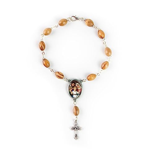 Olive Wood Car Rosary for Rearview Mirror from The Holy Land of Bethlehem - Auto Rosary with Holy Family (Dark) Medal & Crucifix Cross Charm - 7" Pocket Rosary Beads for Hanging - color: Holy Family (Dark)