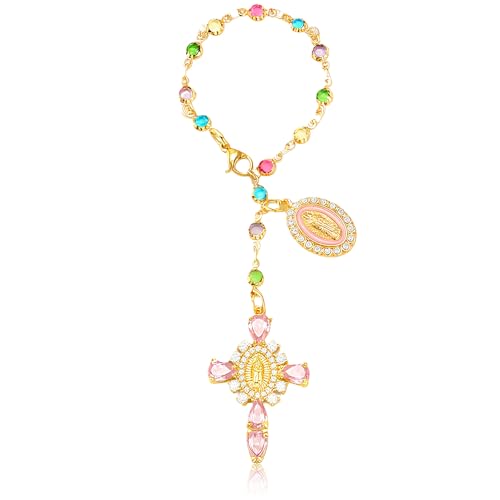Virgen De Guadalupe Car Charm - Steering Wheel Accessory & Rearview Mirror Hanging, Cross Pendant Automotive Protection Decor - color: Gold-pink