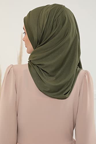 Aisha's Design Jersey Shawl for Women Instant 95% Cotton Modesty Turban Cap Hat Head Wrap Cotton Scarf - color: Army Green