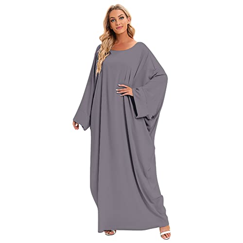 Muslim Dresses for Women, Long Sleeve Eid Islamic Prayer Jilbab Khimar Cardi Robe Middle East Maxi Abaya Dress - color: Grey