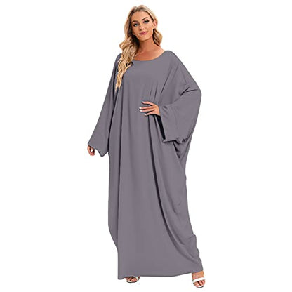 Muslim Dresses for Women, Long Sleeve Eid Islamic Prayer Jilbab Khimar Cardi Robe Middle East Maxi Abaya Dress - color: Grey