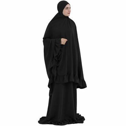 2PCS Women Muslim Prayer Abaya Dress Ruffle Trim Side Pockets with Khimar - color: Black, size: Medium