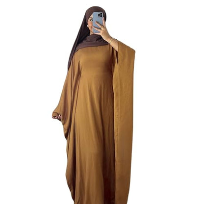 Abaya Dress for Women Soft Crepe Like Linen Khimar Butterfly Batwing Dubai Islam Muslim Kaftan Modest Prayer Dress - color: Khaki, size: Medium