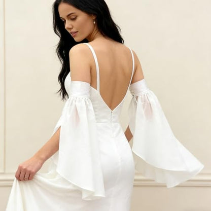 Long Tulle Bell Sleeves for Women, Women's Victorian Long Tulle Gloves with Adjustable Tie Strings - color: White