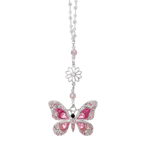Rear View Mirror Accessories Car Charm - Pink Crystal Butterfly Hanging Ornament, Sun Catcher Window Pendant for Car Interior Decoration, Christmas Birthday Gifts for Mom Aunt - color: pink
