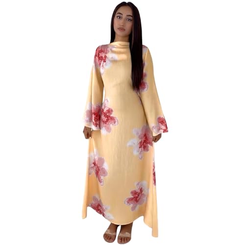 FYMNSI Womens Muslim Dresses Bell Sleeve Floral Butterfly Abaya Modest Dubai Kaftan Islamic Dress Eid Ramadan Prayer Clothes - color: Yellow, size: Large