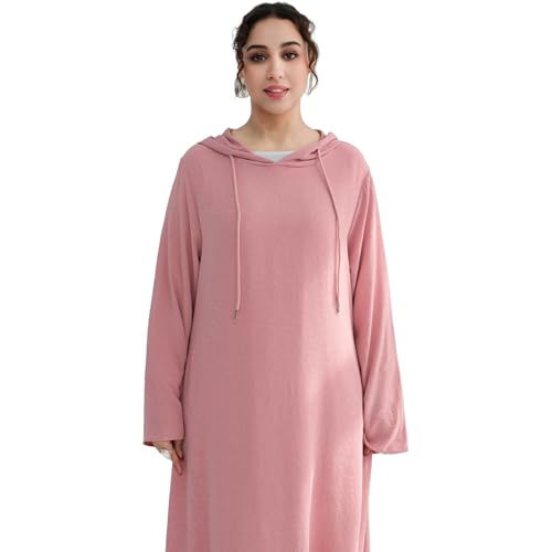 Muslim Abaya Dress for Women Lightweight Hoody Pockets Islamic Prayer Robe - color: Pink, size: X-Large