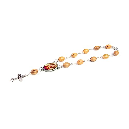 Olive Wood Car Rosary for Rearview Mirror from The Holy Land of Bethlehem - Auto Rosary with Jesus Sacred Heart (Red) Medal & Crucifix Cross Charm - 7" Pocket Rosary Beads for Hanging - color: Jesus Sacred Heart (Red)