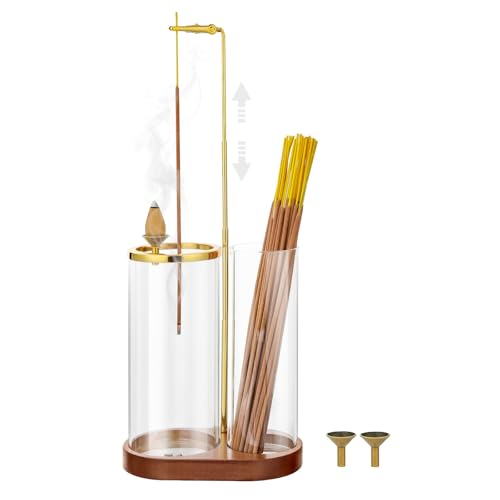 3 in 1 Incense Holder for Sticks Upside Down Anti-Ash Incense Burner with Glass Ash Catcher Backflow Cone Incense Diffuser with Adjustable Threaded Mounting for Mediation Yoga Spa Gifts Home Decor - color: Brown