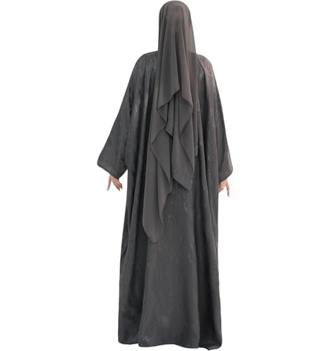 khalat Abaya Muslim Dress Women Satin Jacquard Prayer Dress Batwing Long Sleeve Islamic Dubai Robe with Chiffon Hijab - color: Grey