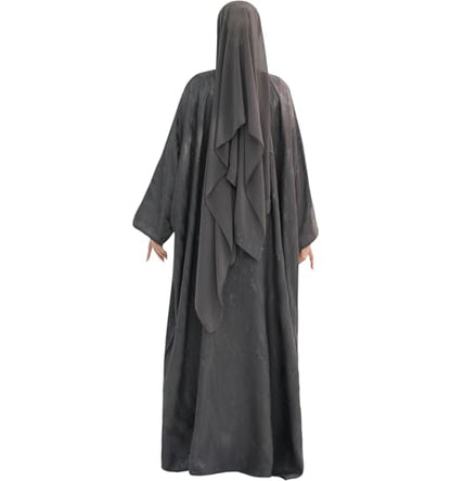 khalat Abaya Muslim Dress Women Satin Jacquard Prayer Dress Batwing Long Sleeve Islamic Dubai Robe with Chiffon Hijab - color: Grey