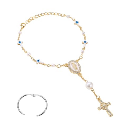 Car Rosary for Rearview Mirror, Evil Eye Pendant Car Interior Rear View Mirror Charm Auto Decors, Cross Personalized Hanging Accessories for Women Men (Golden-B) - size: Golden-B