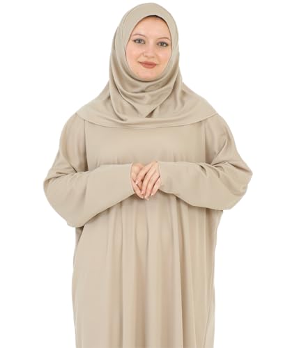 Women Prayer Clothes with Hijab Muslim Outfits Long Robe Abaya Turkish Islamic Dresses Dubai Kaftan with Rosary - color: Mink