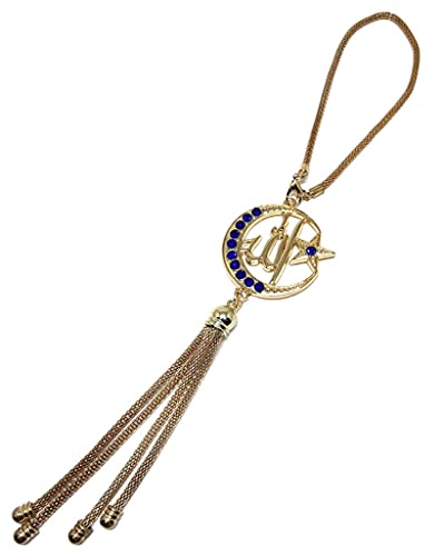 Islam Mirror Hanging Car Decor Ornament with Hanging Chain AMN-343 Vehicle Decoration Allah Arabic Names Moon Star Metal Pendant Design Arabic Calligraphy Eid Ramadan Muslim Gift (Gold/Blue) - color: Gold/Blue