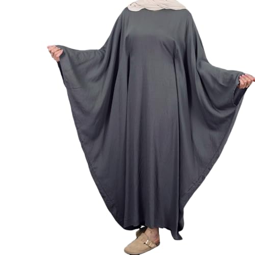 Abaya Dress for Women Soft Crepe Like Linen Khimar Butterfly Batwing Dubai Islam Muslim Kaftan Modest Prayer Dress - color: Darkgrey, size: Medium