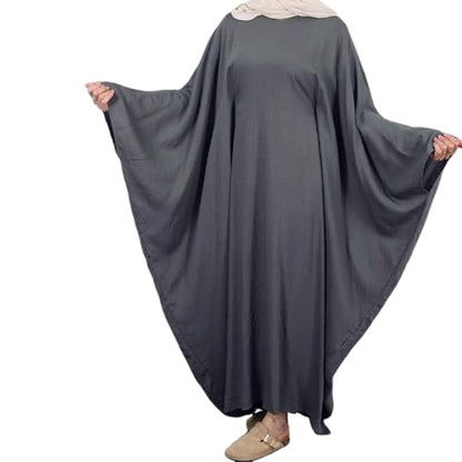 Abaya Dress for Women Soft Crepe Like Linen Khimar Butterfly Batwing Dubai Islam Muslim Kaftan Modest Prayer Dress - color: Darkgrey, size: Large