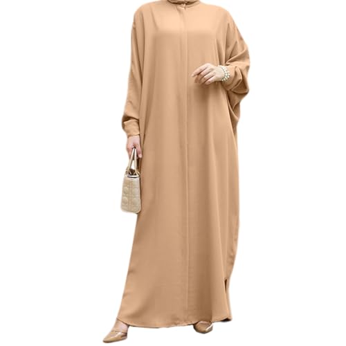 IKADEX Women Batwing Sleeve Abaya Button Loose Fit Long Maxi Muslim Dress Islamic Kaftan Prayer Robe - color: Khaki